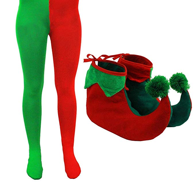 ADULT ELF TIGHTS WITH ELF SHOES CHRISTMAS FANCY DRESS ACCESSORY MENS LADIES GREEN & RED TIGHTS WITH GREEN & RED BOOTS WITH POMPOM