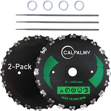 (2-Set) 9" x 20T Chainsaw Tooth Brush Blades - Weed Eater Saw Blade Kit with 2 Carbon Steel Round Chainsaw Blades, 3 Round Files, and 4 Washers for Brush Cutters, String Trimmers, and Weed Wreckers