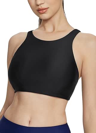 BALEAF Women's High Neck Swim Top Sporty Raceback Bra Modest Bathing Suit with Built-in Bra Crop Tops Under Rash Guard