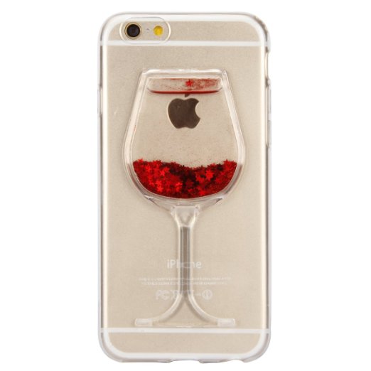 IKASEFU Transparent Tpu Case for iPhone 6 Plus/6S Plus,Creative Novelty Wine Cup Shape Design Slim Glitter Flowing Stars Soft Gel Rubber Case Cover for iPhone 6 Plus/6S Plus 5.5"-Stars,Red