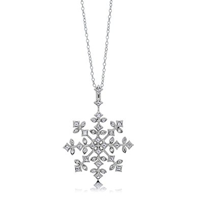 BERRICLE Rhodium Plated Sterling Silver Cubic Zirconia CZ Snowflake Fashion Pendant Necklace 18"