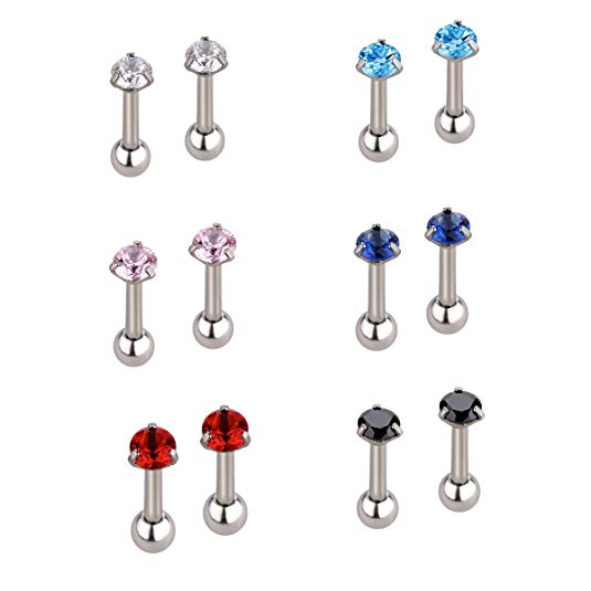 Candyfancy 16g Cubic Zirconia 3mm Stone Ear Cartilage Studs Barbell Piercing Earrings 1/4" 2 Pieces 6 Colors Choose