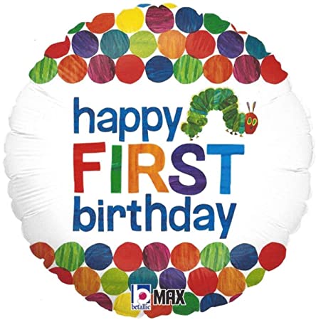 Happy 1st Birthday Balloon The Very Hungry Caterpillar by Eric Carle 18 Round Foil for Helium Inflation Party Decoration in Green Blue Orange Red Yellow Polka Dots and Multi Color Bug Words on White