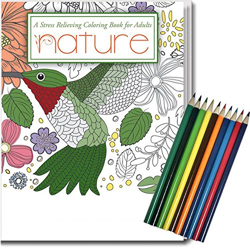 NEW! Nature, Stress Relieving Coloring Book for Adults with Coloring Pencils