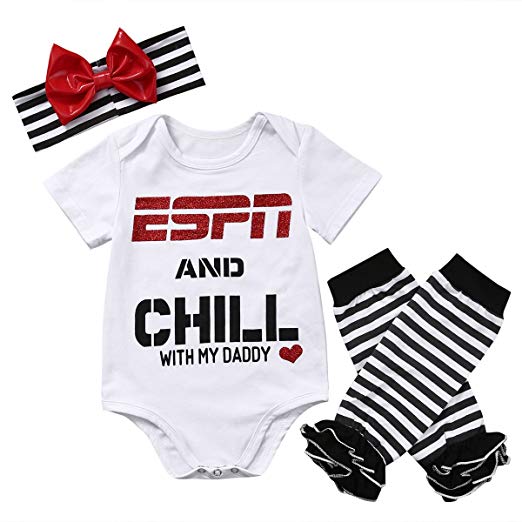 Baby Girls Short Sleeve ESPN Chill My Daddy/Mommy Bodyduit Striped Leg Warmers Outfit Headband Set