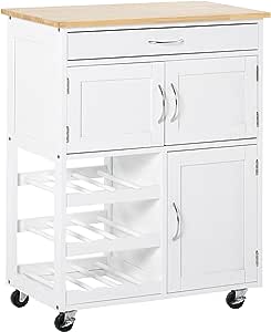 HOMCOM Carro de Cocina Carrito Auxiliar con Ruedas Cajón 2 Armarios de Almacenaje y 3 Estantes Abiertos de 9 Botellas para Comedor Restaurante 67x37x87 cm Blanco