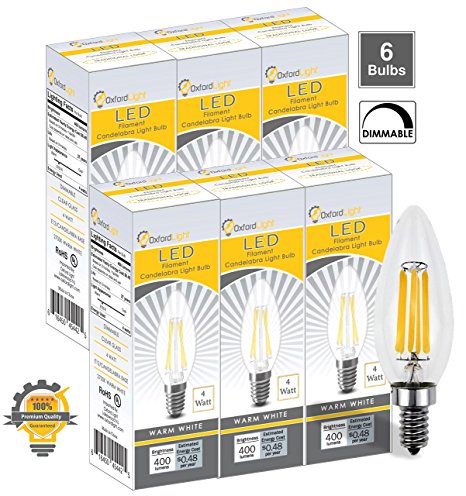 B10 LED Bulb, 4 Watt, LED Filament Bulb, 2700K, DIMMABLE, LED Light Bulbs Candelabra Base, Chandelier LED, E12 Led Bulb, LED Candelabra Bulb 40w, 6-Pack
