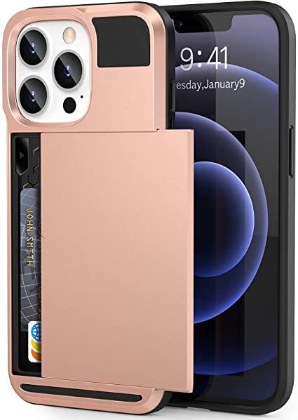 Anuck Case for iPhone 13 Pro Case with Card Holder, Shockproof Heavy Duty Wallet Case [Credit Card Slot][Slide Cover] Anti-Scratch Shell Dual Layer Armor Bumper Protective Phone Case 6.1" - Rose Gold