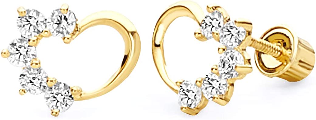 14k Yellow Gold Journey Heart Stud Earrings with Screw Back - 3 Different Color Available