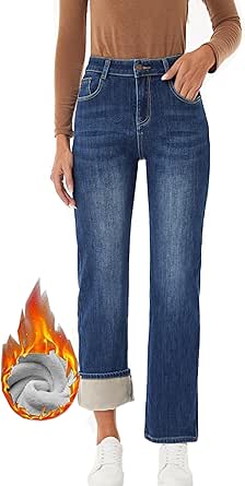 Women's Fleece Lined Jeans Winter Thermal Straight Leg Flannel Sherpa Warm Denim Jean