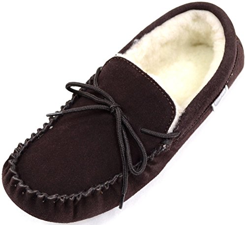 Mens Brown Suede Moccasin Slippers with Wool Lining and Suede Sole. Sizes 7 to 15