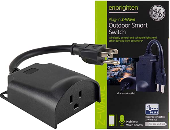 GE Enbrighten Z-Wave Plus Smart Outdoor Switch, 1-Outlet Plug-in (2nd Gen.), Weather-Resistant, Works with Alexa, Google Assistant, for Landscape & Seasonal Lighting, ZWave Hub Required, 14298,Black