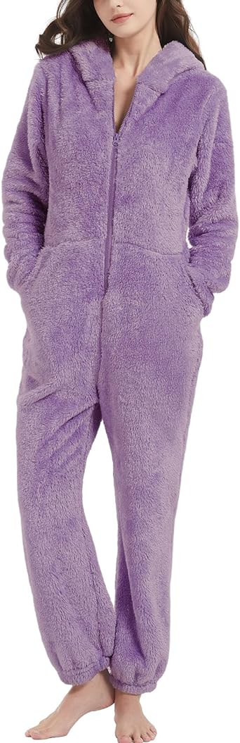 COZYPOIN Women Fleece Hoodie Onesie Pajamas Jumpsuit Zipper Fuzzy Romper Loungewear Sleepwear with Ear