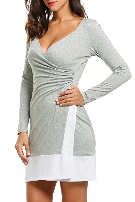 ACEVOG Women's Deep V Neck Long Sleeve Faux A Line Wrap Dress