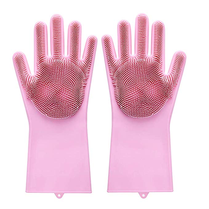 Magic Dishwashing Gloves with scrubber, Silicone Cleaning Reusable Scrub Gloves for Wash Dish,Kitchen, Bathroom(Pink,1 Pair: Right   Left Hand)