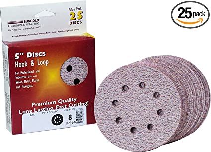 Sungold Abrasives 024219 5" By 8 Hole 1000 Grit Premium Plus C Weight Paper Hook And Loop Sanding Discs, 25-Pack