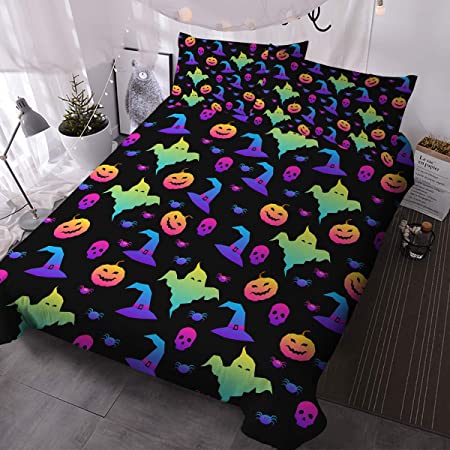 Blessliving Happy Halloween Bedding Duvet Cover Set 3 Pieces Cartoon Broom Pumpkin Hat Candy Bat Abstract Rainbow Pattern Print Bedspreads Dorm Bedroom Essentials (King)