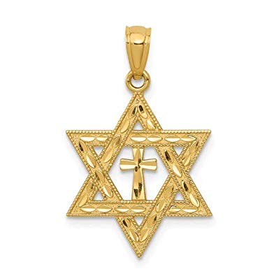 14k Yellow Gold Diamond-Cut Star Of David With Cross Pendant - Measures 16x16mm - JewelryWeb