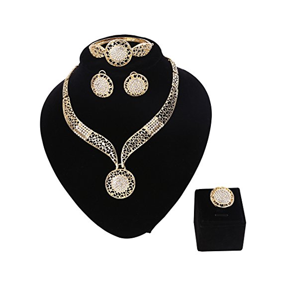 Paxuan Womens Silver Gold Plated Alloy Rhinestone African Jewelry Set Hallow Chain Choker Necklace Stud Earrings Cuff Bangle Bracelet Ring Set