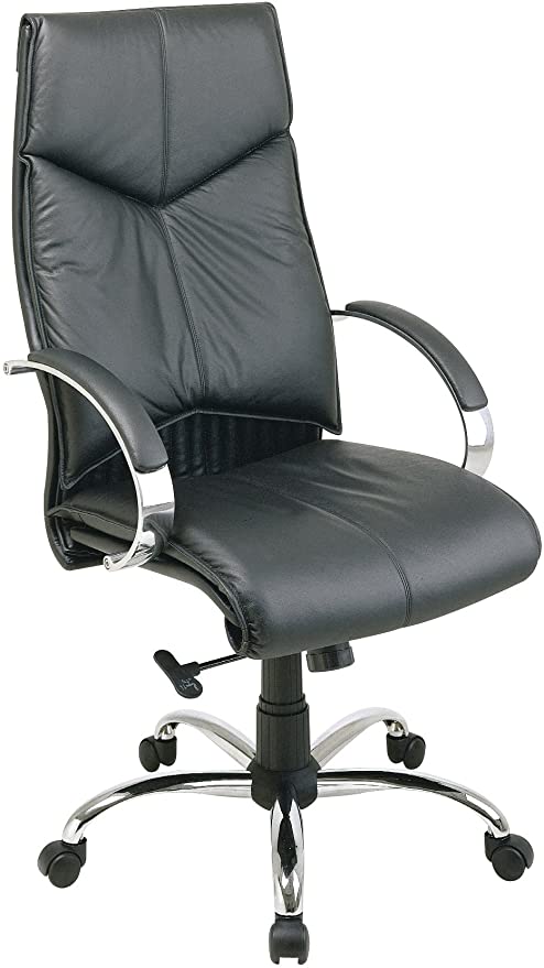 Office Star Deluxe High Back Executive Leather Chair with Chrome Base and Padded Chrome Arms