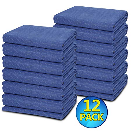12 Moving Blankets - Deluxe Pro - 80" x 72" (35 lb/dz) for Protecting Furniture Professional Quilted Shipping Furniture Pads Navy Bule and Black (12 Pack)
