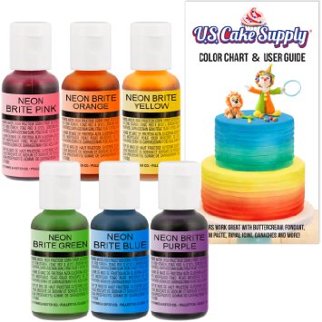 US Cake Supply by Chefmaster Airbrush Cake Neon Color Set - The 6 Most Popular Neon Colors in 0.7 fl. oz. (20ml) Bottles