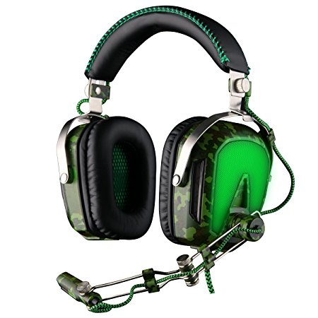 SADES A90 Pilot Professional 7.1 USB Surround Sound PC Stereo Gaming Headphones with Retractable Microphone Volume Control Noise Reduction Six Colors Breathing Lights (Army Green)