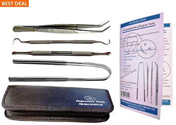 Essential and Stylish Pro Oral Hygiene Kit for Home Use - Calculus & Plaque Remover Set - Tartar Scraper - Scaler Instrument, Tongue Cleaner, Dental Tweezers, Instructions - Used by Dentists