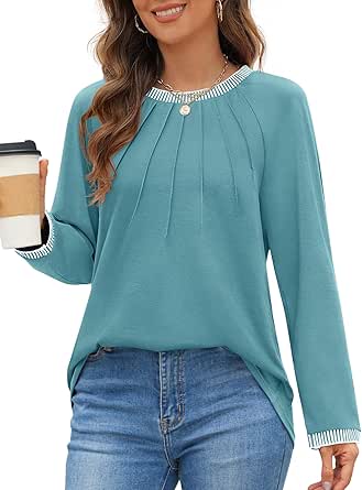 MEROKEETY Women's 2024 Fall Long Sleeve Tops Pleated Crew Neck Color Block Casual Loose Tee Shirts