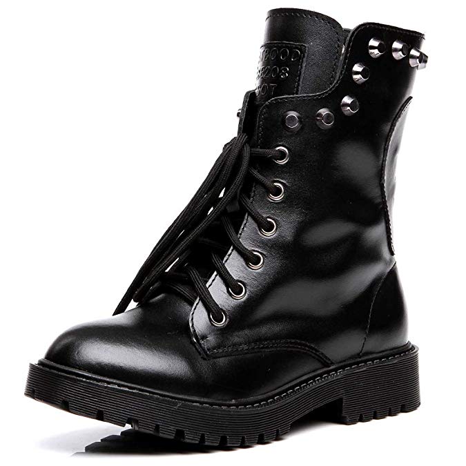 Shenn Women's Round Toe Mid Calf Punk Military Combat Boots