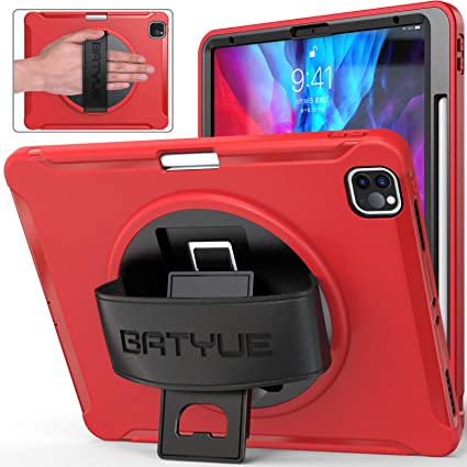 BATYUE iPad Pro 12.9 2020 & 2018 Case [Support 2nd Gen Pencil Wireless Charging] [360° Rotating Kickstand & Leather Hand Strap] [Shock Proof] High Impact Resistant Heavy Duty Rugged Case (Red)