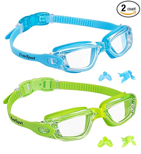 EverSport Kids Swim Goggles, Pack of 2 Kids Swimming Goggles, Crystal Clear Swimming Goggles for Children and Teens, Anti-Fog Anti-UV Youth Swim Glasses, Leak Proof, Soft Silicone Frame, for 3-16 Y/O