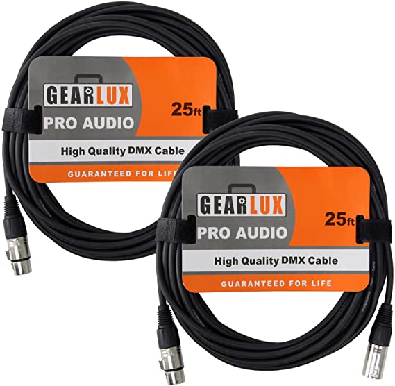 Gearlux 25ft DMX Cable, 3-Pin Male to Female DMX Cable, Black - 2 Pack