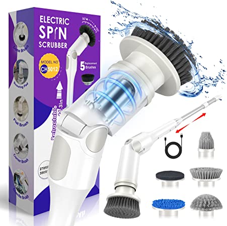 Rechargeable Electric Shower Power Spin Scrubber with 5 Replaceable Brush Heads, Electric Cordless Scrubber with Adjustable Extension Handle for Bathroom Tile Wall Floor Kitchen & Tub