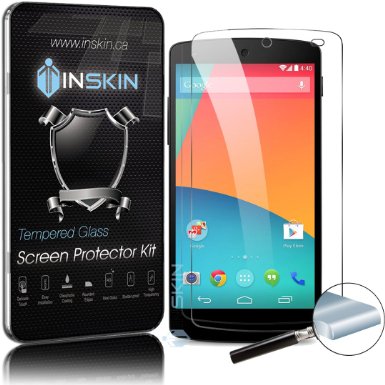 Inskin Ultra Slim 0.3mm HD Tempered Glass Screen Protector kit for Google® Nexus 5 (2014 model). Polished edges. Oleophobic coating. 9H Hardness. Inskin Retail Packaging.