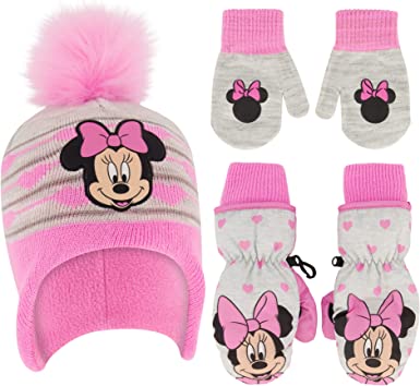 Disney Minnie Mouse Girls Winter Hat with Knit Mittens and Insulated Ski Mitten Set, Age 2-4