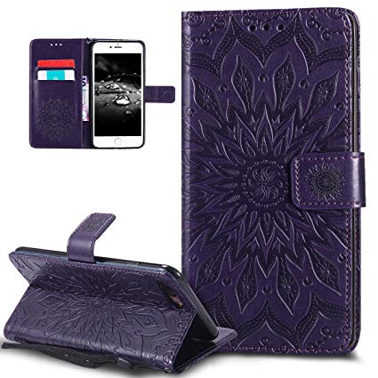 iPhone 8 Plus Case,iPhone 7 Plus Case,ikasus Embossing Mandala Flower Sunflower PU Leather Magnetic Flip Folio Kickstand Wallet Case with Card Slots Case for Apple iPhone 8 Plus/iPhone 7 Plus,Purple