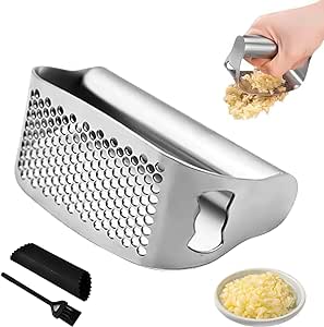 Garlic Press, 2024 New Garlic Press Stainless Steel, Garlic Press Rocker Stainless Steel Garlic Mincer Crusher with Peeler and Cleaning Brush, Garlic Chopper Built-in Bottle Opener (1 SET)