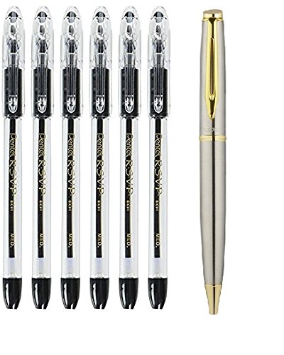 Pentel R.S.V.P. Ball Point Pen, Medium Line, Black Ink, 6 Pack Bundle (6 Pentel Pens   1 Plexon Metal Roller Pen)