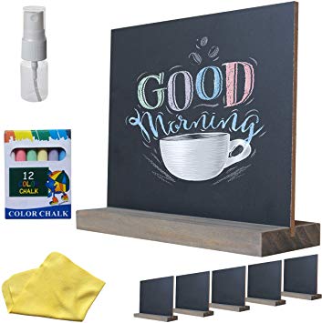 Mini Chalkboard Signs Double Sided (Set of 6) with 12-Pack of Chalk and Cleaning Accessories - Small Chalkboard Tabletop Signs with Stands, 5 x 6-Inch
