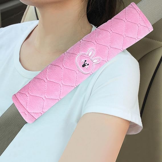 Amooca Soft Auto Seat Belt Cover Seatbelt Shoulder Pad Cushions 2 PCS for a More Comfortable Driving Universal Fit for All Cars and Backpack Cute Pink Rabbit