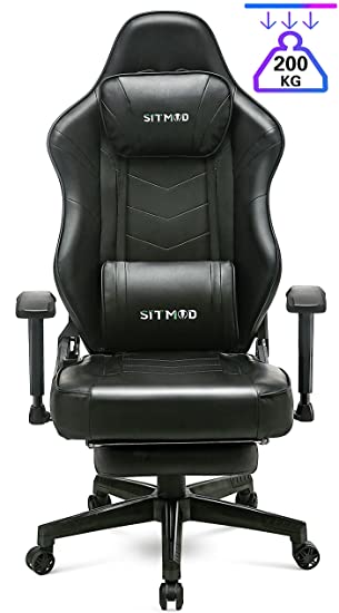 SITMOD Massage Gaming Chair Office Recliner Chair 200kg PU Leather with Retractable Footrest, Ergonomic Desk Chair Big and Tall Gaming Armchair for Gamer E-Sports Chairs with Rocking Function-Black