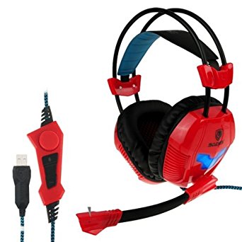 GT Sades A30s USB Wired Stereo Surround Lightweight Over Ear PC Gaming Headband Headphone with High Magnetic Flux Speakers (Red)