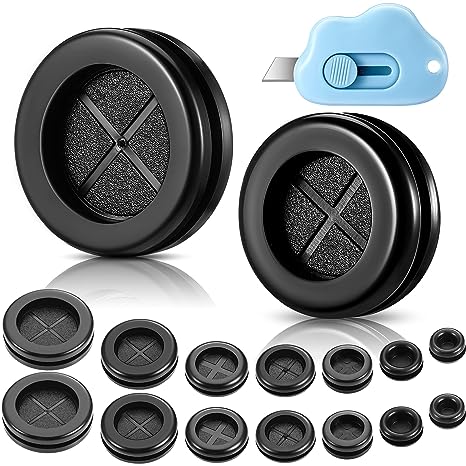 Round Rubber Plug Hole Grommet Kit 7 Sizes Black Double Sided Electrical Firewall Gasket Kit with Retractable Box Knife for Protecting Cable Wire Hole Plug Assortment Automotive Supply (104 Pieces)