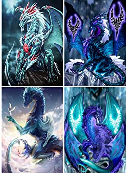 4 Pack 5D Full Drill Diamond Painting Kit, KISSBUTY DIY Dragon Diamond Rhinestone Painting Kits for Adults and Beginner Diamond Arts Craft Home Decor, 15.8 X 11.8 Inch (Dragon Diamond Painting)