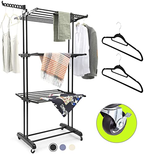 MIZGI Clothes Drying Rack,3 Tier Rolling Dryer Clothes Hanger,Collapsible Garment Laundry Rack with Foldable Wings and Casters Indoor/Outdoor,Large Standing Rack Stainless Steel Hanging Rods(Black)