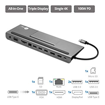 SIIG USB C MST Triple Monitor Docking Station for Windows Thunderbolt 3 Compatible [Single 4k, Dual 1080p, Triple 720p] 100W PD Charging - HDMI/VGA/DP, Gigabit Ethernet, SD/TF, USB 3.0 and Audio