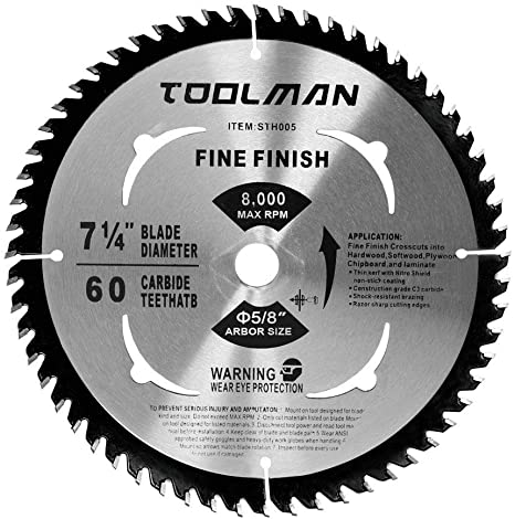 Toolman Premium Multifunctional Carbide-Tipped Circular Saw Blade Universal Fit 7-1/4" 5/8" 60T Table Miter Cutting For Wood Chipboard (Carbide 60T) STH005