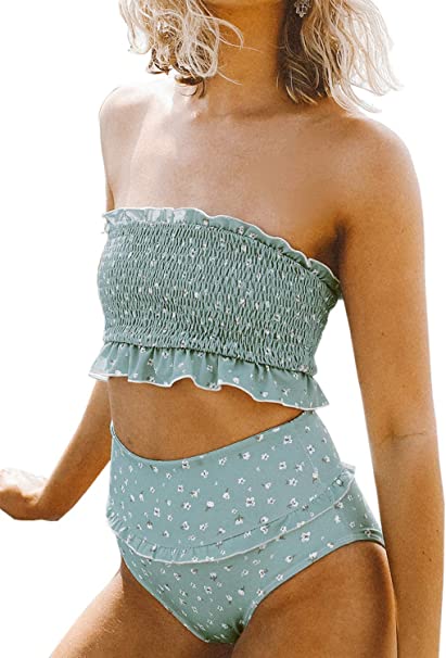 Dokotoo Women Cute High Waist Strapless Smocked Bikini Sets Swimsuit Bathing Suit