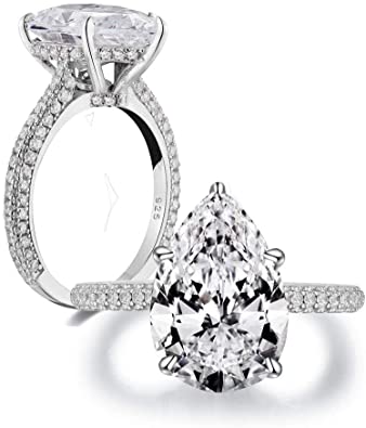 Bo.Dream Rhodium Plated Sterling Silver 5 Carat Pear Shaped Cubic Zirconia CZ Engagement Rings